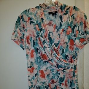 DKNY teal pink abstract floral drape neck blouse